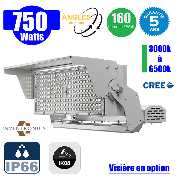 Projecteur haute puissance LED de stade filaire - Série EVOLUTION V2 - 750 Watts - 120 000 Lumens - 160 Lumens/Watt - Angle 20° / 30° / 60° / 90° / MLP30 / MBP45 au choix - IP66 - IK08 - 3000K à 6500K - Visière en option - Garantie 5 ans