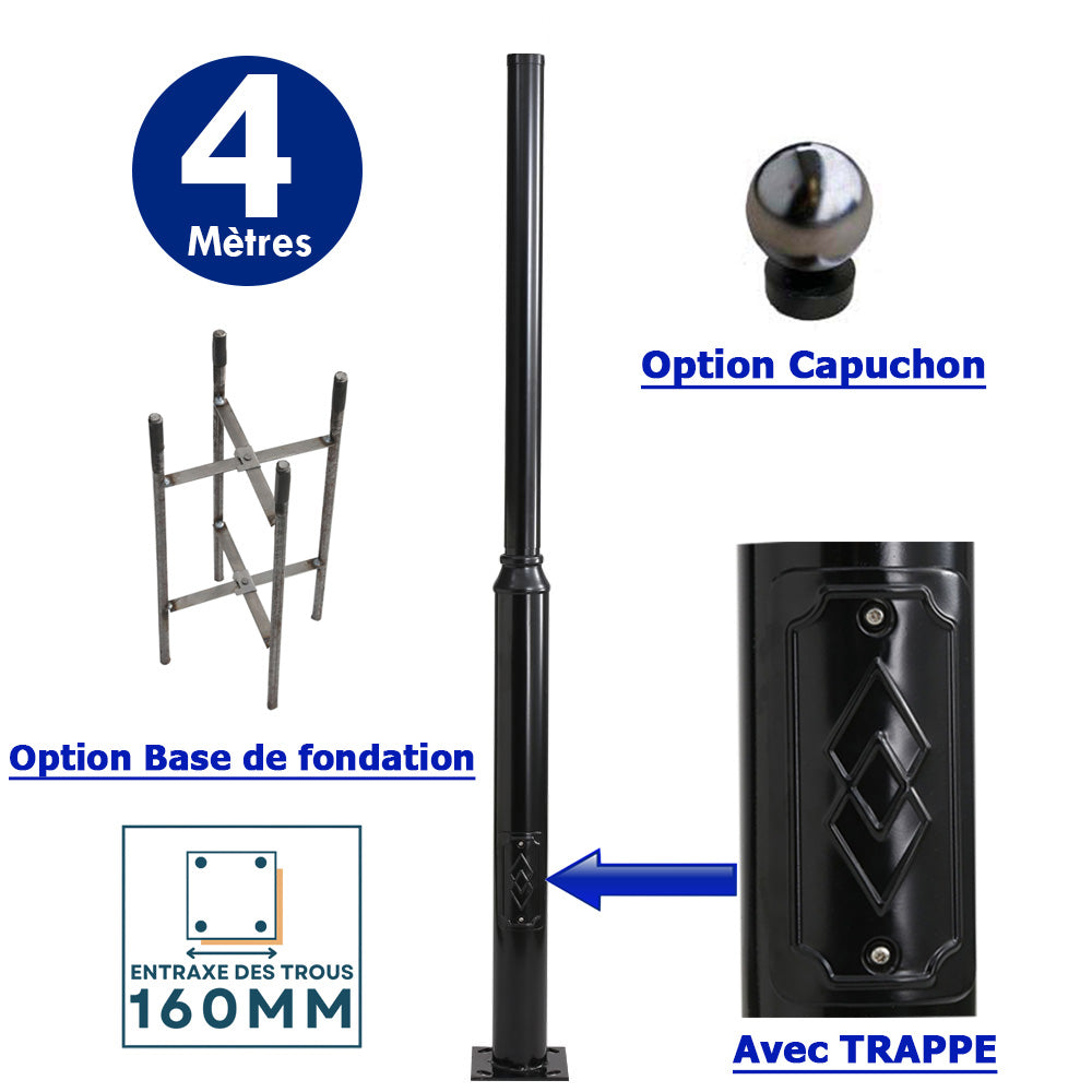 Mât / Poteau pour lampe de rue - Série STANDARD V2 avec TRAPPE - Vis antivol - 4 mètres - Entraxe latéral des trous 160mm - Couleur Noir - Base de fondation incluse - Tête de mât et capuchon en option