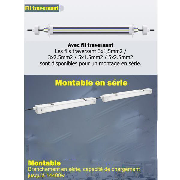 Pack de 6x Réglettes LED étanches connectables EASY-LINK - Version POWER - Puissance ajustable 30 / 40 / 50 / 60 Watts - 8400 Lumens - 140 Lumens/Watt - 150 x 7 x 6 cm - Angle 120° - IP65 - 4000K - Transformateur OSRAM - Garantie 5 ans