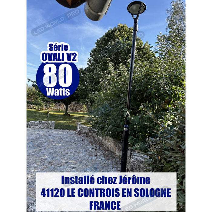 Pack lampadaire filaire complet 4 mètres : Lampe de jardin et parking filaire - Série OVALI V2 - CCT (Couleur Changeante en Température) - 80 Watts + Mât STANDARD - 4 mètres avec trappe + Adaptateur 60/80mm