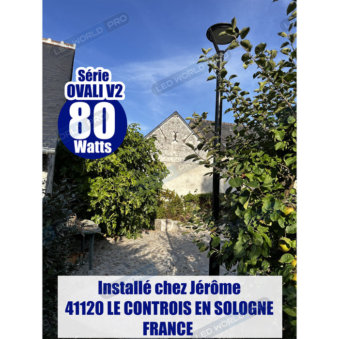 Lampe de jardin et parking filaire - Série OVALI V2 - 80 Watts - 8000 Lumens - 100 Lumens/Watt - IK08 - IP65 - 120° - Dimmable – 3000k/4000k/6500k au choix - Tube d’insertion 45 / 60mm - Avec télécommande - Garantie 5 ans