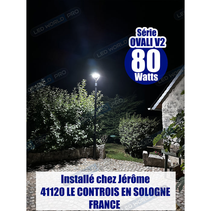 Lampe de jardin et parking filaire - Série OVALI V2 - 80 Watts - 8000 Lumens - 100 Lumens/Watt - IK08 - IP65 - 120° - Dimmable – 3000k/4000k/6500k au choix - Tube d’insertion 45 / 60mm - Avec télécommande - Garantie 5 ans