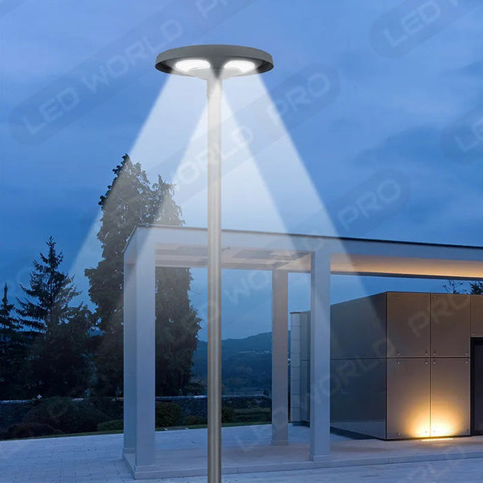 Pack lampadaire solaire complet 3 mètres : Lampe solaire pour extérieur - Série OVNI FUTUR V2 - 1500 Watts - 3200 Lumens - 3000k + Mât STANDARD V3 - 3 mètres - Couleur Gris
