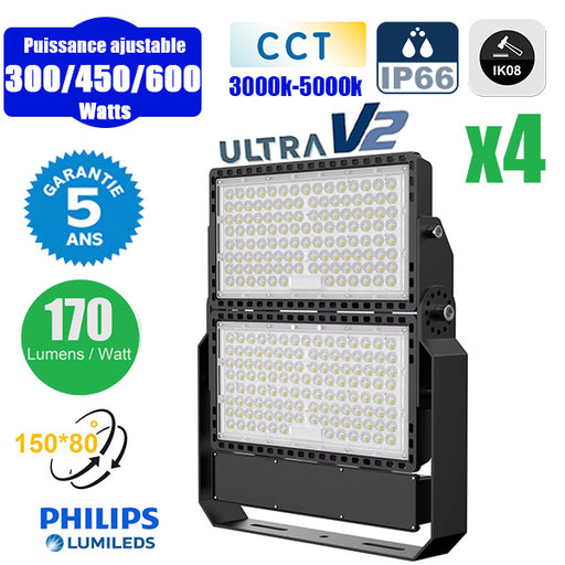 Pack de 4x Projecteurs LED filaires CCT - Série CITY PLUS ULTRA V2 - Puissance ajustable 300 / 450 / 600 Watts - Jusqu'à 102 000 Lumens - 170 Lumens/Watt - Angle 150*80° - IP66 - IK08 - 52 x 45 x 7 cm - Support ajustable 270° - Câble 50cm - Garantie 5 ans