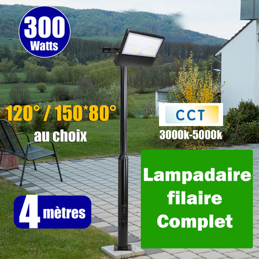 Pack lampadaire complet 4 mètres : Projecteur LED filaire Série CITY PLUS ULTRA 300 Watts CCT + Mât STANDARD - 4 mètres