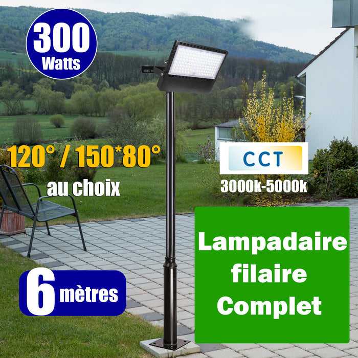 Pack lampadaire complet 6 mètres : Projecteur LED filaire Série CITY PLUS ULTRA 300 Watts CCT + Mât STANDARD V2 6 mètres - Avec TRAPPE