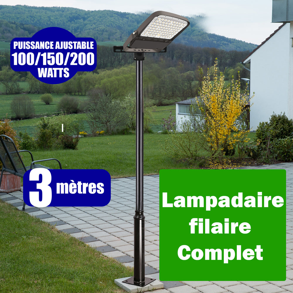 Pack lampadaire complet 3 mètres : Projecteur LED filaire Série ULTIME P1 100 / 150 / 200 Watts - Puissance ajustable - CCT + Mât STANDARD - 3 mètres avec trappe