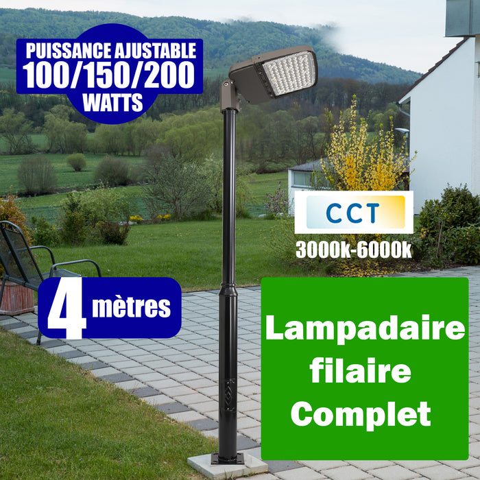 Pack lampadaire complet 4 mètres : Lampe de rue filaire LED filaire Série ULTIME P2 100 / 150 / 200 Watts - Puissance ajustable - CCT + Mât STANDARD - 4 mètres avec trappe