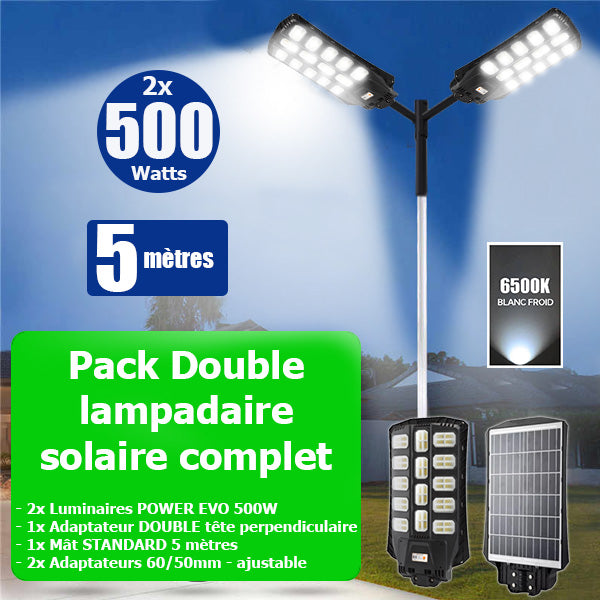 Pack lampadaire  solaire complet double tête 5 mètres : 2x Lampes solaires Série POWER EVO - 500 Watts 6500k + Mât STANDARD 5 mètres + Double tête de mât en ligne ou perpendiculaire + Adaptateur 60/50mm - Ajustable