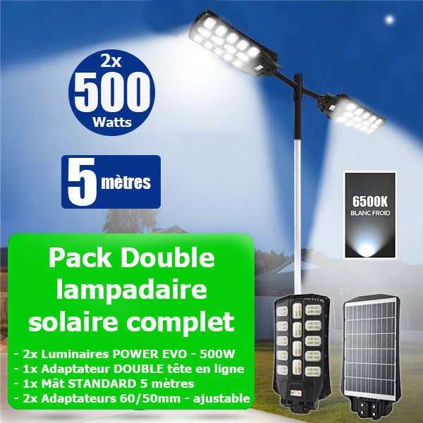 Pack lampadaire  solaire complet double tête 5 mètres : 2x Lampes solaires Série POWER EVO - 500 Watts 6500k + Mât STANDARD 5 mètres + Double tête de mât en ligne ou perpendiculaire + Adaptateur 60/50mm - Ajustable