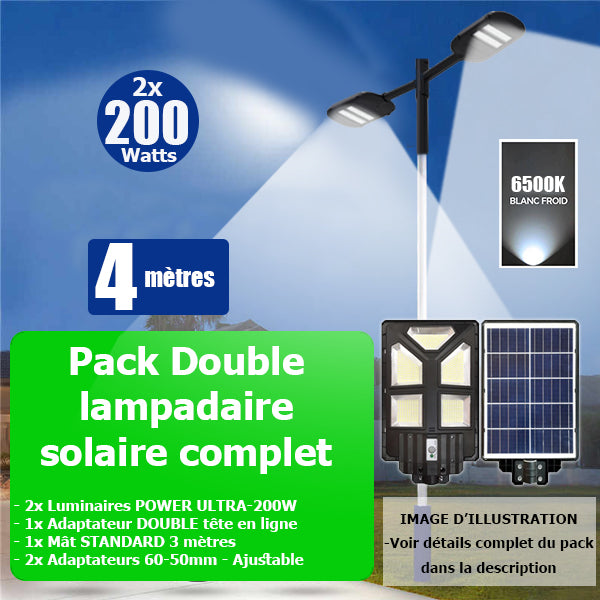 Pack lampadaire solaire complet double tête 4 mètres : 2x Lampes solaires Série POWER ULTRA - 200 Watts 6500k + Mât STANDARD 4 mètres + Double tête de mât en ligne ou perpendiculaire + 2x Adaptateurs 60/50mm - Ajustable