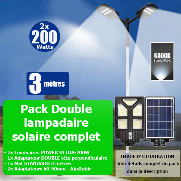 Pack lampadaire solaire complet double tête 3 mètres : 2x Lampes solaires Série POWER ULTRA - 200 Watts 6500k + Mât STANDARD 3 mètres + Double tête de mât en ligne ou perpendiculaire + 2x Adaptateurs 60/50mm - Ajustable