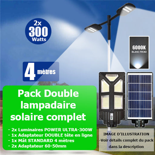 Pack lampadaire solaire complet double tête 4 mètres : 2x Lampes solaires Série POWER ULTRA - 300 Watts 6500k + Mât STANDARD 4 mètres + Double tête de mât en ligne ou perpendiculaire + Adaptateur 60/50mm