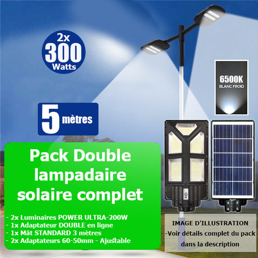 Pack lampadaire solaire complet double tête 5 mètres : 2x Lampes solaires Série POWER ULTRA - 300 Watts 6500k + Mât STANDARD 5 mètres + Double tête de mât en ligne ou perpendiculaire + 2x Adaptateurs 60/50mm - Ajustable