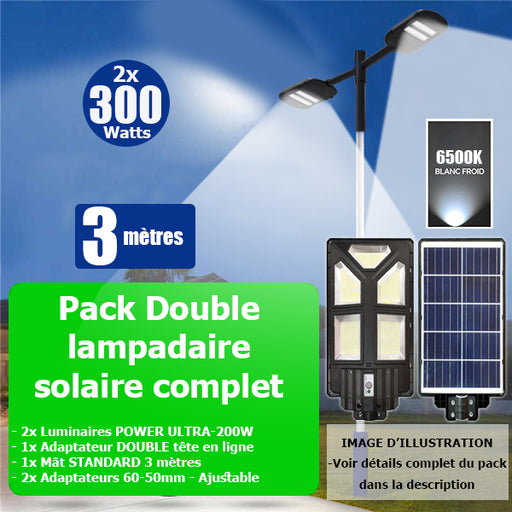 Pack lampadaire solaire complet double tête 3 mètres : 2x Lampes solaires Série POWER ULTRA - 300 Watts 6500k + Mât STANDARD 3 mètres + Double tête de mât en ligne ou perpendiculaire + 2x Adaptateurs 60/50mm - Ajustable