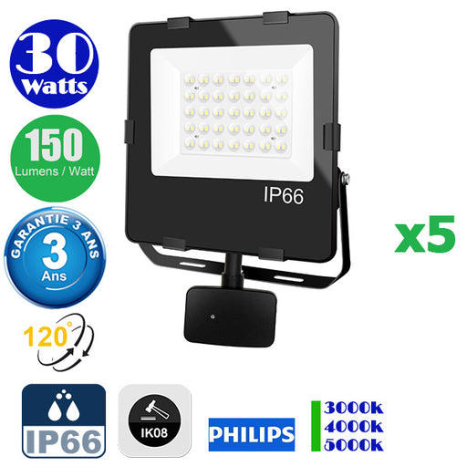 Pack de 5x Projecteurs LED hautes performances - Série CITY PLUS - 30 Watts - 4500 Lumens - 150 Lumens/Watt - IP66 - IK08 - Angle 120°- 23 x 20 x 5 cm - Transformateur Done - Détecteur Infrarouge inclus - 3000k / 4000k / 5000k - Garantie 3 ans