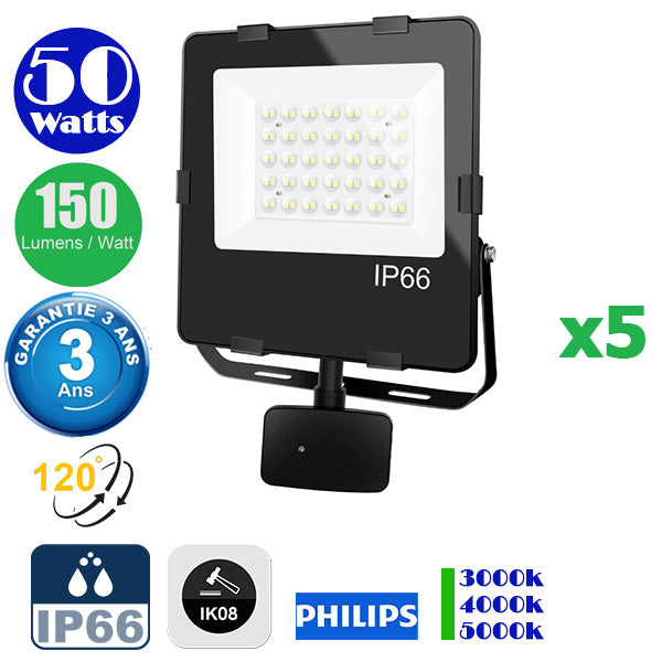 Pack de 5x Projecteurs LED hautes performances - Série CITY PLUS - 50 Watts - 7500 Lumens - 150 Lumens/Watt - IP66 - IK08 - Angle 120°- 28 x 25 x 5 cm - Transformateur Done - Détecteur Infrarouge inclus - 3000k / 4000k / 5000k - Garantie 3 ans