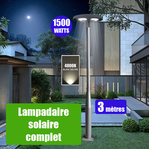 Pack lampadaire solaire complet 3 mètres : Lampe solaire pour extérieur - Série OVNI FUTUR V2 - 1500 Watts - 3200 Lumens - 4000k + Mât STANDARD V3 - 3 mètres - Couleur Gris