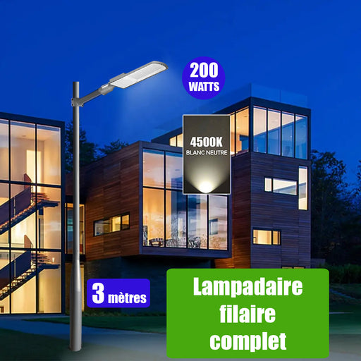 Pack lampadaire filaire complet 3 mètres : Lampe de rue filaire - Série FLEX ECO - 200 Watts - 4500k + Mât STANDARD V3 - 3 mètres - Couleur Gris + Adaptateur 60/80mm ou Support déporté 60mm