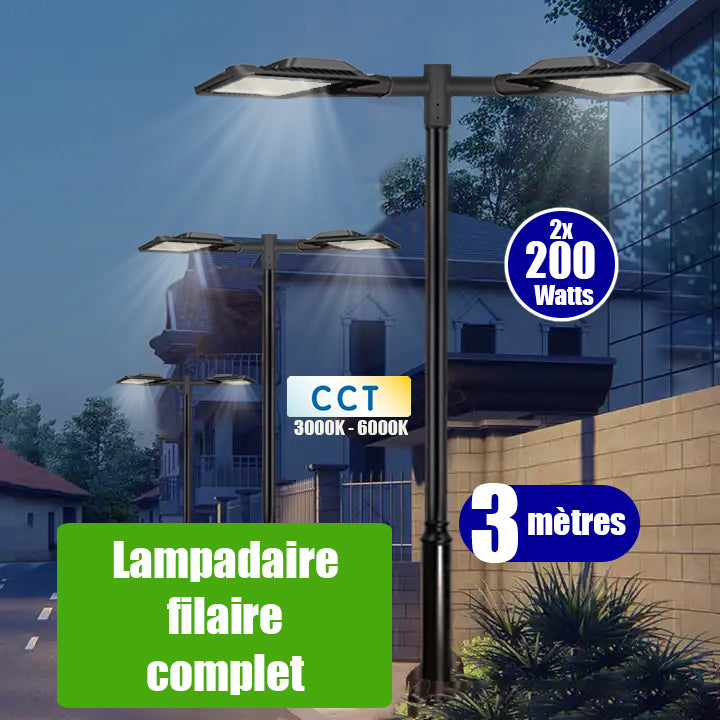 Pack lampadaire filaire complet double tête 3 mètres : 2x Lampadaires LED filaires - Série ALIZE P3 200 Watts CCT + Mât STANDARD - 3 mètres avec trappe + Double tête de mât en ligne ou perpendiculaire