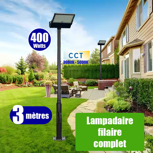 Pack lampadaire filaire complet 3 mètres : Projecteur LED filaire Série CITY PLUS ULTRA V2 400 Watts CCT + Mât STANDARD V2 - 3 mètres avec trappe + Tête de mât rectangulaire