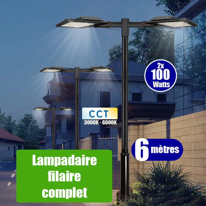 Pack lampadaire filaire complet double tête 6 mètres : 2x Lampadaires LED filaires - Série ALIZE P3 100 Watts CCT + Mât STANDARD V2 6 mètres - Avec TRAPPE + Double tête de mât en ligne ou perpendiculaire