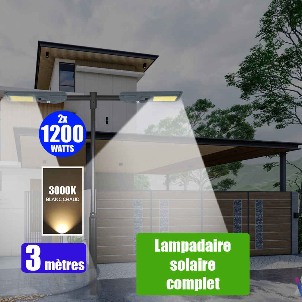 Pack lampadaire solaire complet double tête 3 mètres : 2x Lampes solaires Série STARSHIP 1200 Watts - 3600 Lumens - 3000K + Mât STANDARD 3 mètres + Double tête de mât en ligne ou perpendiculaire + Adaptateur ajustable 80/50mm