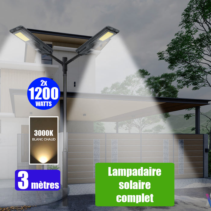 Pack lampadaire solaire complet double tête 3 mètres : 2x Lampes solaires Série STARSHIP 1200 Watts - 3600 Lumens - 3000K + Mât STANDARD 3 mètres + Double tête de mât en ligne ou perpendiculaire + Adaptateur ajustable 80/50mm