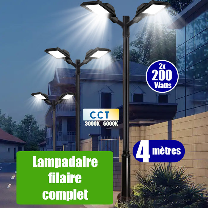 Pack lampadaire filaire complet double tête 4 mètres : 2x Lampadaires LED filaires - Série ALIZE P3 200 Watts CCT + Mât STANDARD - 4 mètres avec trappe + Double tête de mât en ligne ou perpendiculaire