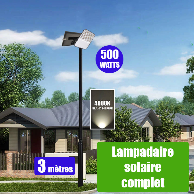 Pack lampadaire solaire complet 3 mètres : Projecteur LED solaire - Série BIG BOY V3 - 500 Watts - 2800 Lumens - 4000k + Mât STANDARD 3 mètres + Tête de mât rectangulaire