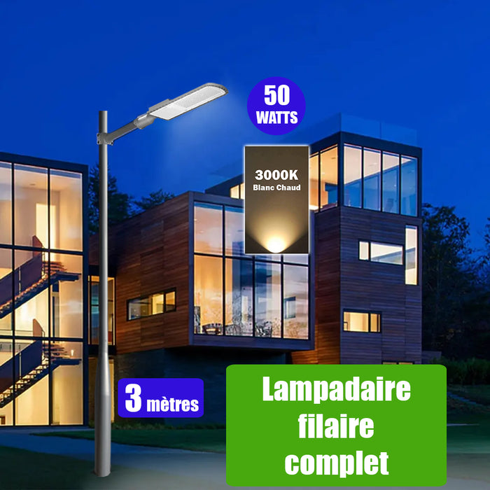 Pack lampadaire filaire complet 3 mètres : Lampe de rue filaire - Série FLEX ECO - 50 Watts - 3000k + Mât STANDARD V3 - 3 mètres - Couleur Gris + Support déporté 45mm ou Adaptateur rotatif 80/50 mm