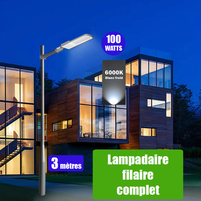 Pack lampadaire filaire complet 3 mètres : Lampe de rue filaire - Série FLEX ECO - 100 Watts - 6000k + Mât STANDARD V3 - 3 mètres - Couleur Gris + Support déporté 45mm ou Adaptateur rotatif 80/50 mm