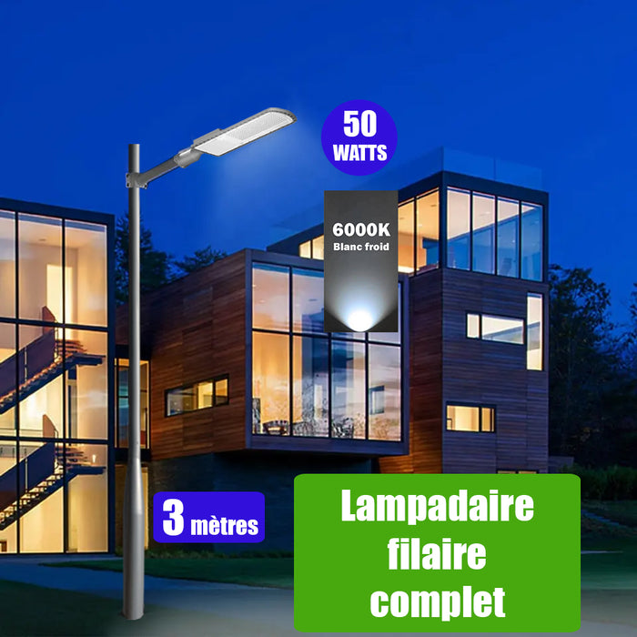 Pack lampadaire filaire complet 3 mètres : Lampe de rue filaire - Série FLEX ECO - 50 Watts - 6000k + Mât STANDARD V3 - 3 mètres - Couleur Gris + Support déporté 45mm ou Adaptateur rotatif 80/50 mm