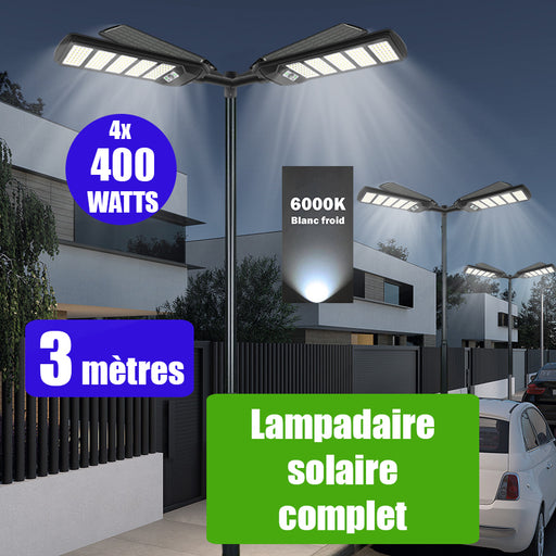 Pack lampadaire solaire complet quadruple tête 3 mètres : 4x Luminaires LED pour Candélabre - Série VIEW V2 - 400 Watts - 2700 Lumens - 6000k + Mât STANDARD 3 mètres + 4x Adaptateurs 60/50 - ajustables + Adaptateur quadruple tête de mât perpendiculaire