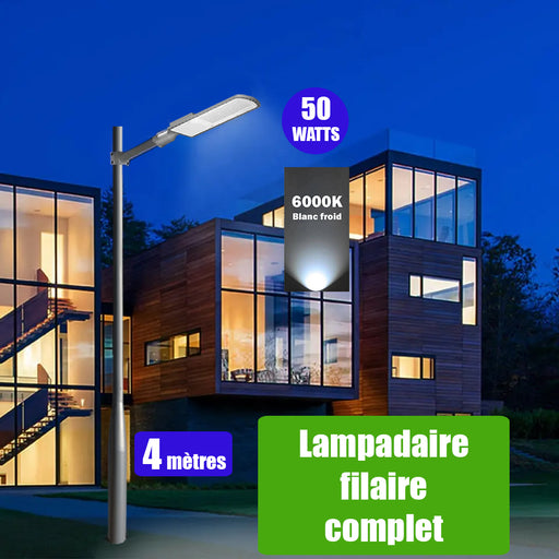 Pack lampadaire filaire complet 4 mètres : Lampe de rue filaire - Série FLEX ECO - 50 Watts - 6000k + Mât STANDARD V3 - 4 mètres - Couleur Gris + Support déporté 45mm ou Adaptateur rotatif 80/50 mm