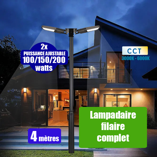 Pack lampadaire filaire complet double tête 4 mètres : 2x Projecteurs LED filaires - Série ULTIME P1 - Puissance ajustable 100 / 150 / 200 Watts - CCT + Mât STANDARD - 4 mètres avec trappe + Tête de mât rectangulaire