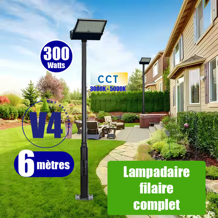 Pack lampadaire filaire complet 6 mètres : Projecteur LED filaire Série CITY PLUS ULTRA V2 300 Watts CCT + Mât STANDARD V4 EVO - 6 mètres avec trappe + Tête de mât rectangulaire