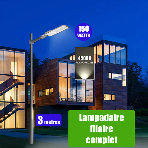 Pack lampadaire filaire complet 3 mètres : Lampe de rue filaire - Série FLEX ECO - 150 Watts - 4500k + Mât STANDARD V3 - 3 mètres - Couleur Gris + Adaptateur 60/80mm ou Support déporté 60mm