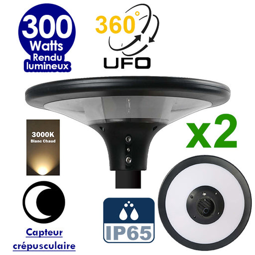 Pack de 2x Lampes solaires - Série OVNI SUN FLOWER 300 - Rendu lumineux 300 Watts - 2300 lumens -  Angle 360° - IP65 - 40 x 12 cm - 3000k - Capteur crépusculaire - Mode automatique - Diamètre tube d'insertion 60 mm - Gestion de l’éclairage intelligent