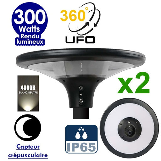 Pack de 2x Lampes solaires - Série OVNI SUN FLOWER 300 - Rendu lumineux 300 Watts - 2300 lumens -  Angle 360° - IP65 - 40 x 12 cm - 4000k - Capteur crépusculaire - Mode automatique - Diamètre tube d'insertion 60 mm - Gestion de l’éclairage intelligent