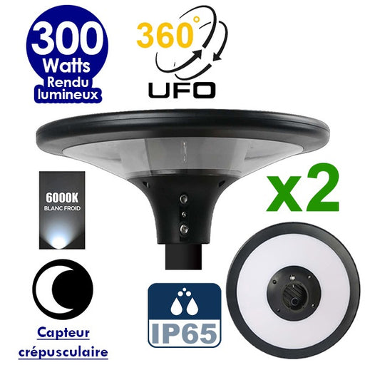 Pack de 2x Lampes solaires - Série OVNI SUN FLOWER 300 - Rendu lumineux 300 Watts - 2300 lumens -  Angle 360° - IP65 - 40 x 12 cm - 6000k - Capteur crépusculaire - Mode automatique - Diamètre tube d'insertion 60 mm - Gestion de l’éclairage intelligent