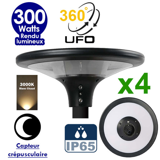 Pack de 4x Lampes solaires - Série OVNI SUN FLOWER 300 - Rendu lumineux 300 Watts - 2300 lumens -  Angle 360° - IP65 - 40 x 12 cm - 3000k - Capteur crépusculaire - Mode automatique - Diamètre tube d'insertion 60 mm - Gestion de l’éclairage intelligent