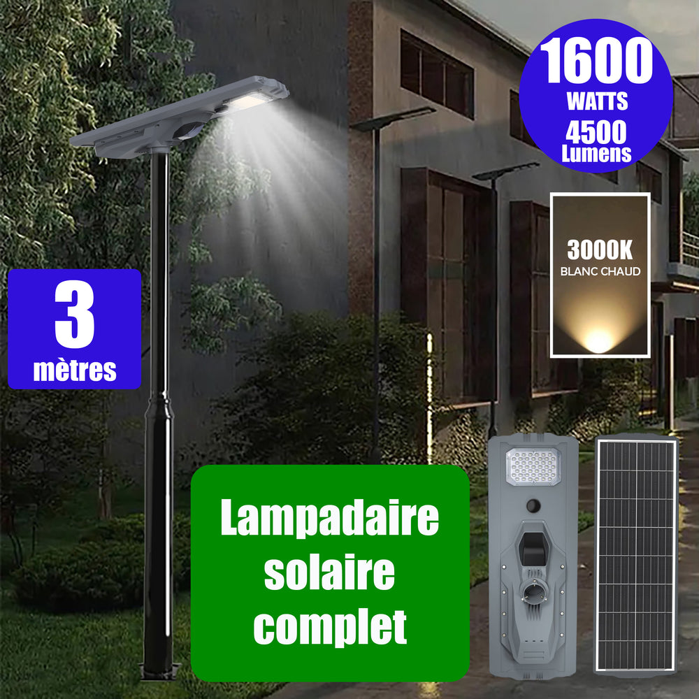 Pack lampadaire complet 3 mètres : Lampe solaire Série STARSHIP ULTRA 4500 - 1600 Watts - 4500 Lumens - 3000K + Mât STANDARD 3 mètres