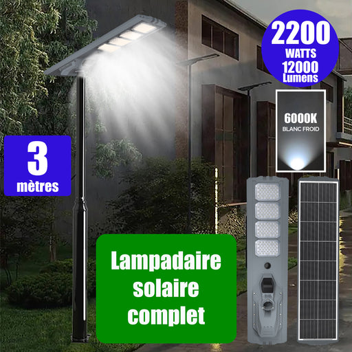 Pack lampadaire complet 3 mètres : Lampe solaire Série STARSHIP ULTRA 12000 - 2200 Watts - 12 000 Lumens - 6000K + Mât STANDARD 3 mètres