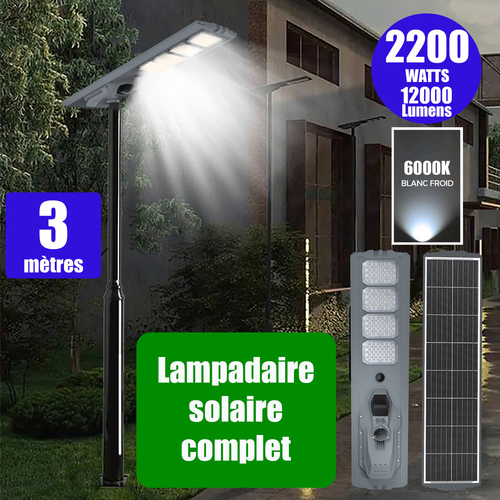 Pack lampadaire complet 3 mètres : Lampe solaire Série STARSHIP ULTRA 12000 - 2200 Watts - 12 000 Lumens - 6000K + Mât STANDARD 3 mètres