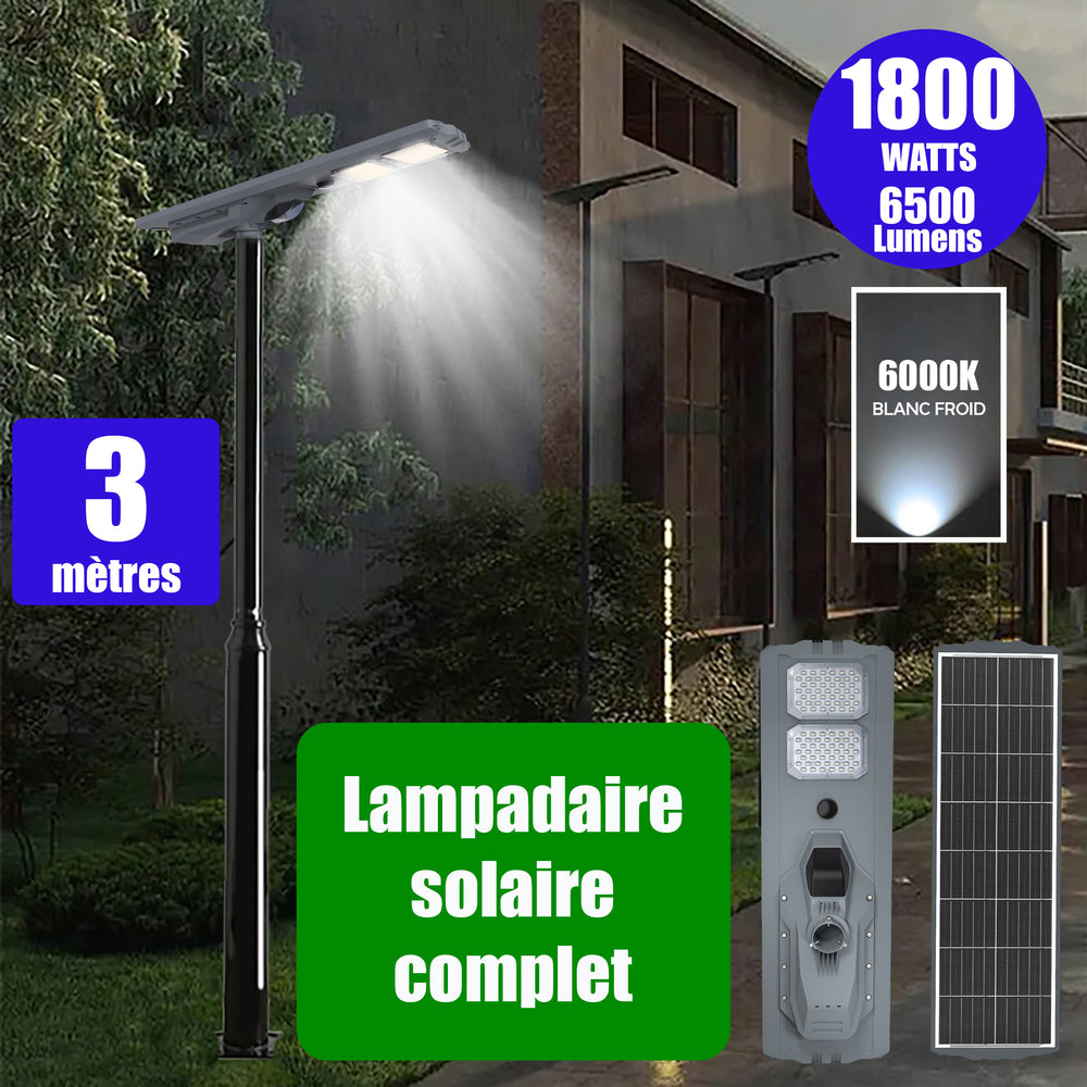 Pack lampadaire complet 3 mètres : Lampe solaire Série STARSHIP ULTRA 6500 - 1800 Watts - 6500 Lumens - 6000K + Mât STANDARD 3 mètres