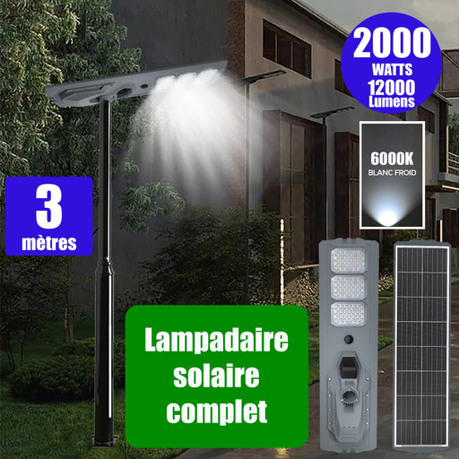 Pack lampadaire complet 3 mètres : Lampe solaire Série STARSHIP ULTRA 8500 - 2000 Watts - 8500 Lumens - 3000K + Mât STANDARD 3 mètres