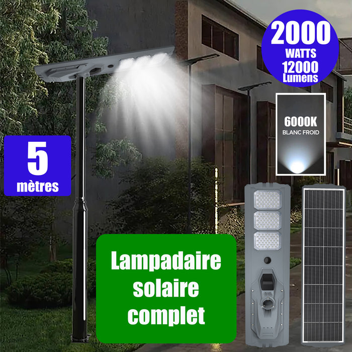 Pack lampadaire complet 5 mètres : Lampe solaire Série STARSHIP ULTRA 8500 - 2000 Watts - 8500 Lumens - 3000K + Mât STANDARD 5 mètres