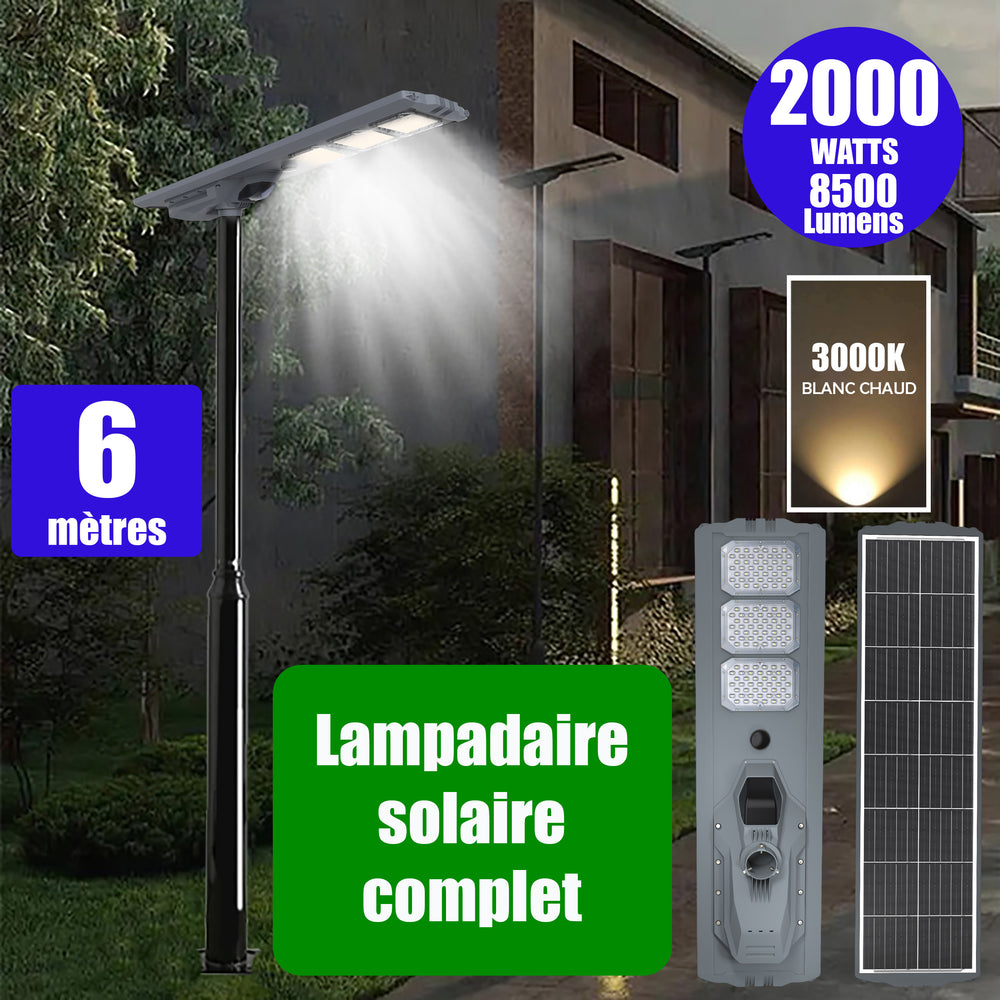 Pack lampadaire complet 6 mètres : Lampe solaire Série STARSHIP ULTRA 8500 - 2000 Watts - 8500 Lumens - 3000K + Mât STANDARD 6 mètres