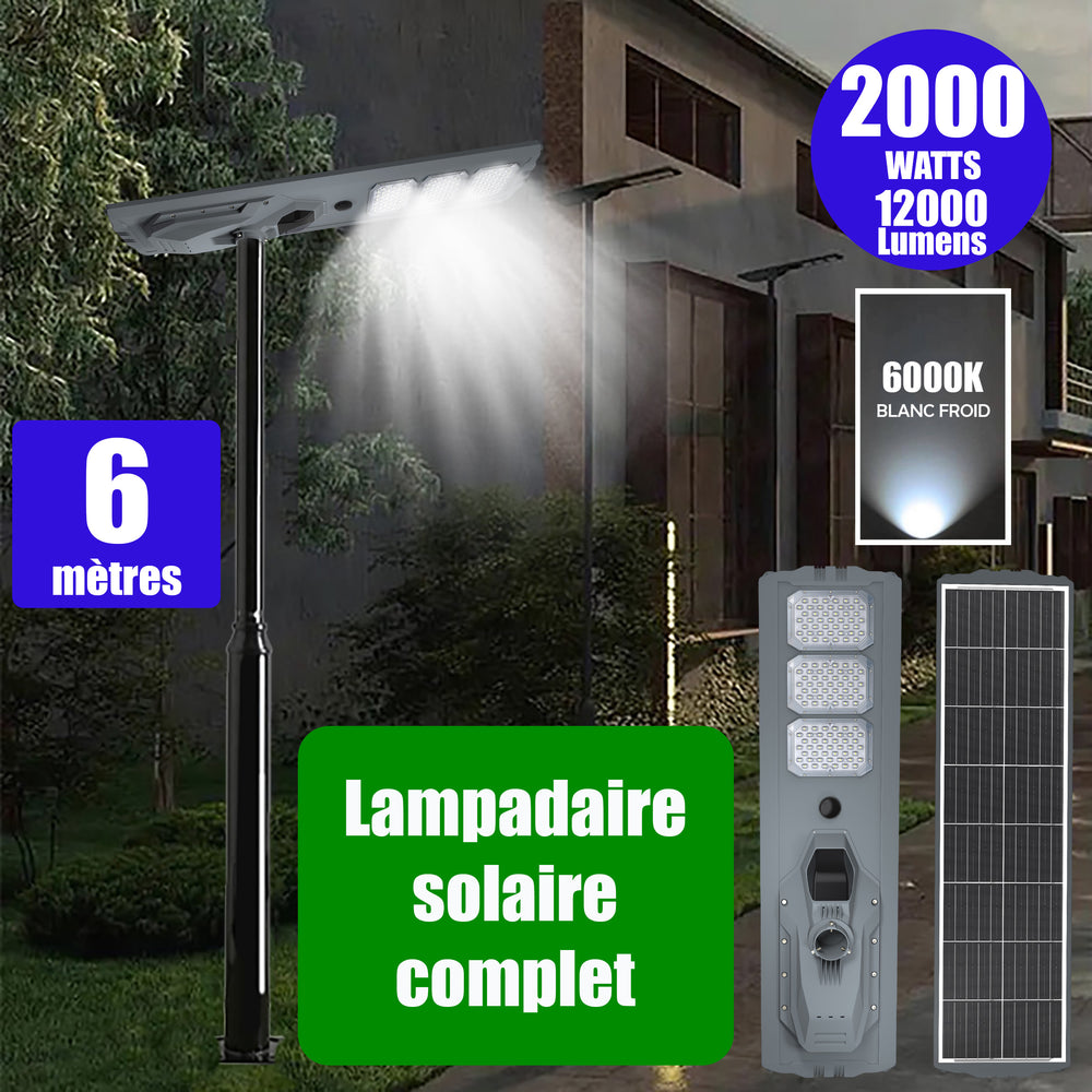 Pack lampadaire complet 6 mètres : Lampe solaire Série STARSHIP ULTRA 8500 - 2000 Watts - 8500 Lumens - 3000K + Mât STANDARD 6 mètres